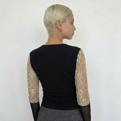Vintage Misia Black Graphic Mesh Crop & Lace Sleeves (S)