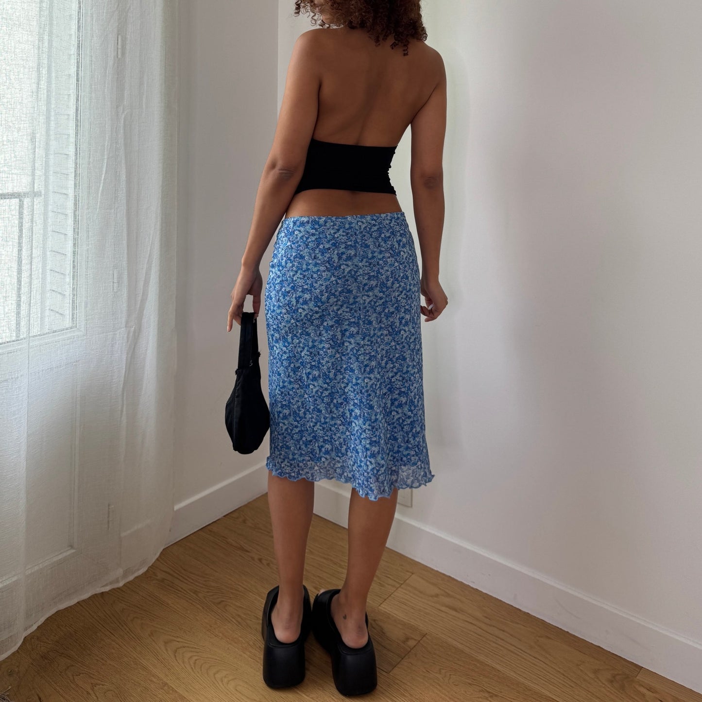 Vintage Blue Floral Mesh Midi Skirt Italian Y2K Ditsy Floral Skirt (S) ⠀