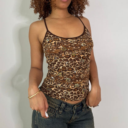 Vintage Brown Leopard Print Sequin Mesh Lace Cami Top Y2K (S)