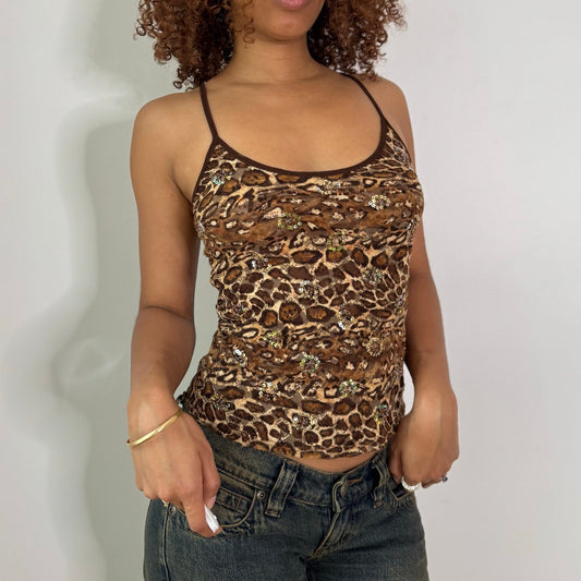 Vintage Brown Leopard Print Sequin Mesh Lace Cami Top Y2K (S)