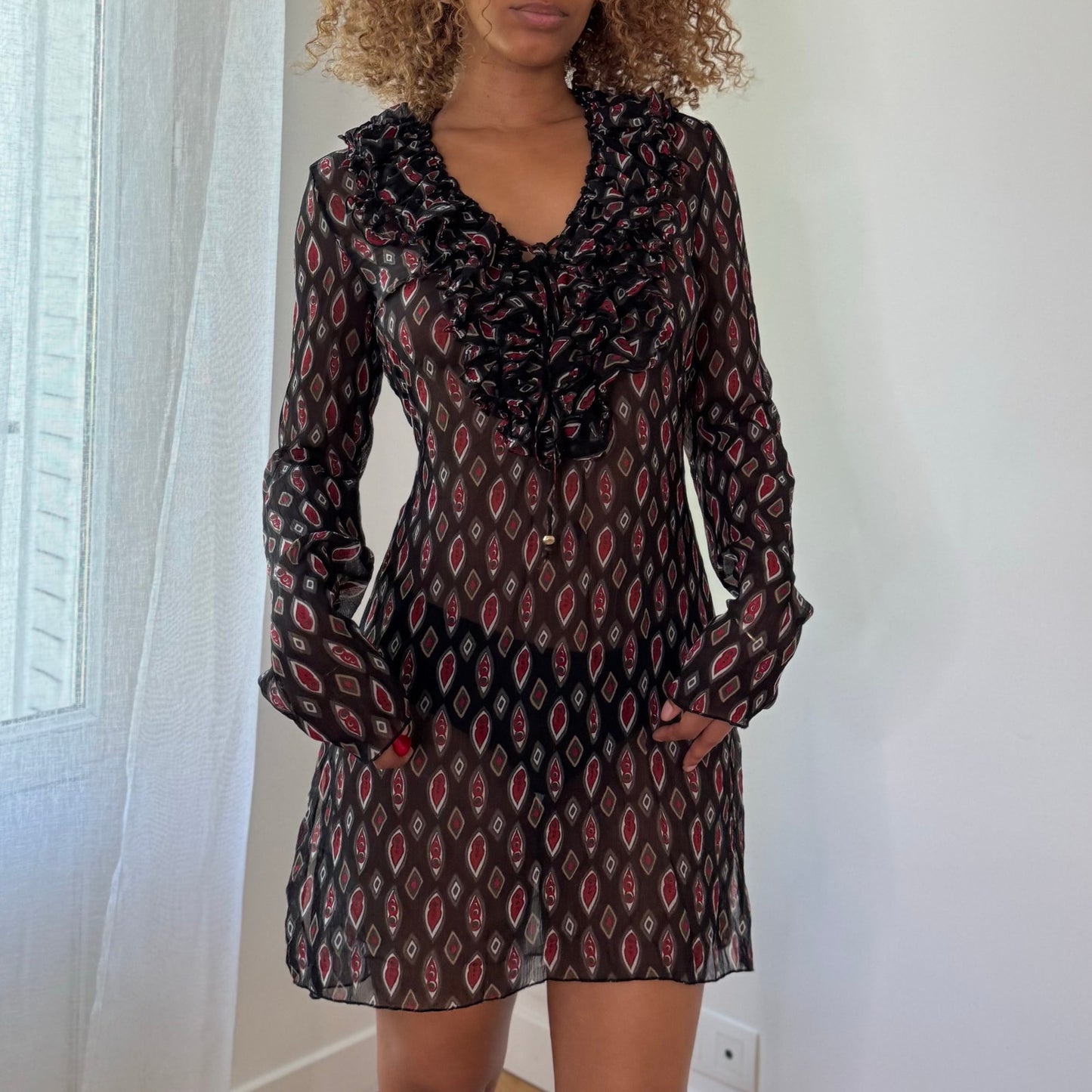 Vintage Black Burgundy Mesh Mini Dress Ruffle Front Italian Y2K (S)