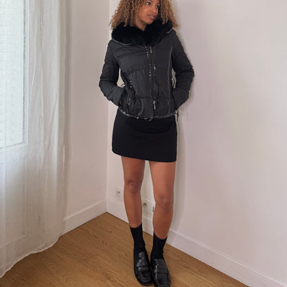Italian vintage black quilted puffer jacket with oversized faux fur collar & fitted waist