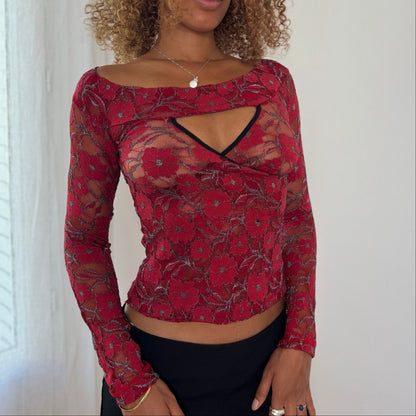 Vintage Italian Red Floral Lace Cutout Long Sleeve Top (S)