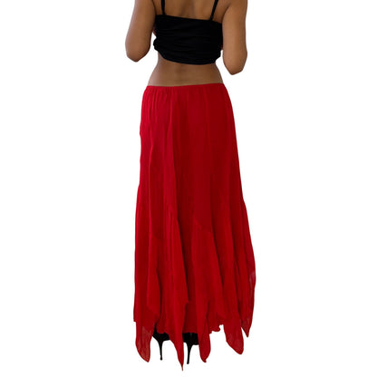 Vintage Red Mesh Asymmetrical Maxi Skirt Flowing Sheer (S)