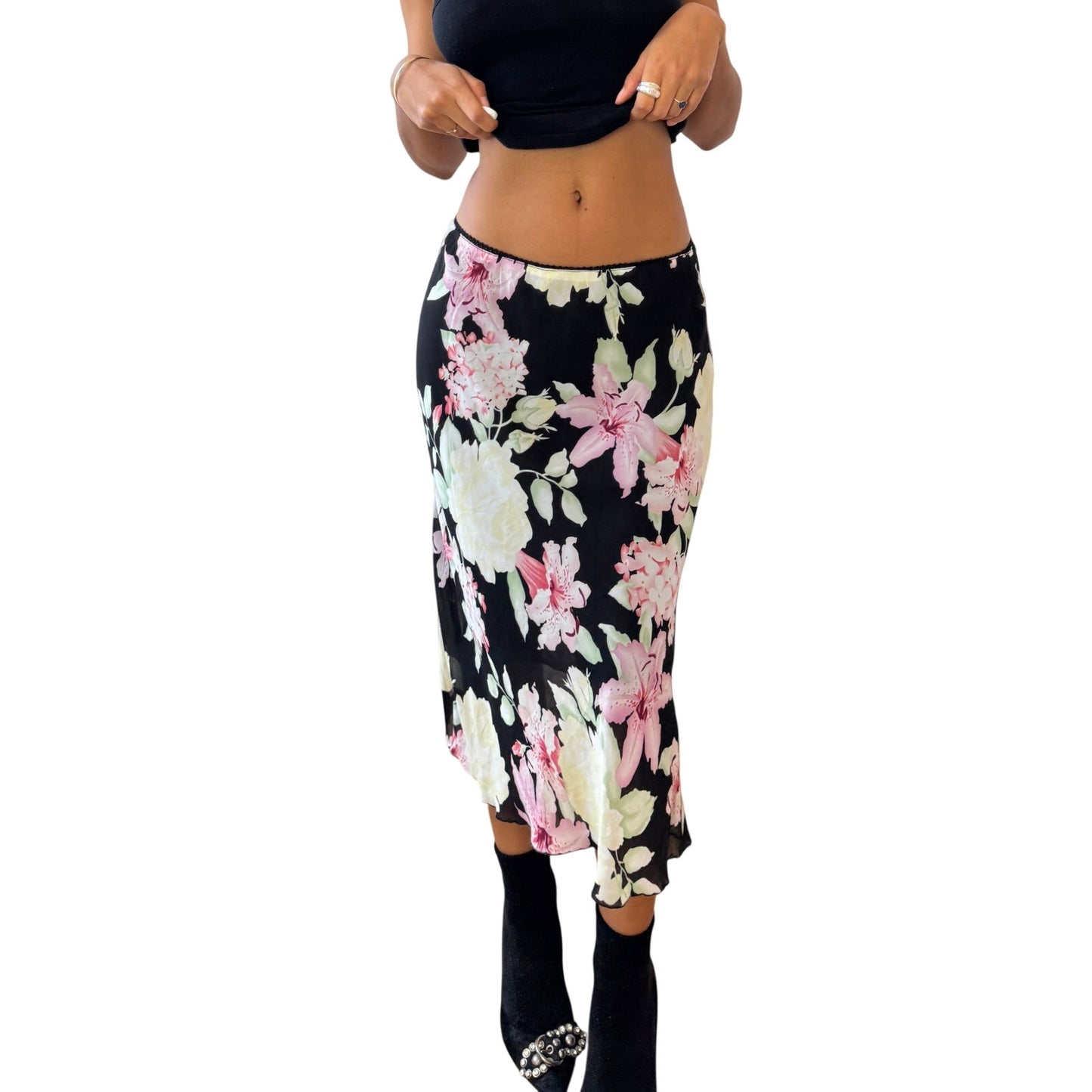 Euro Vintage black floral mesh midi skirt (Small)