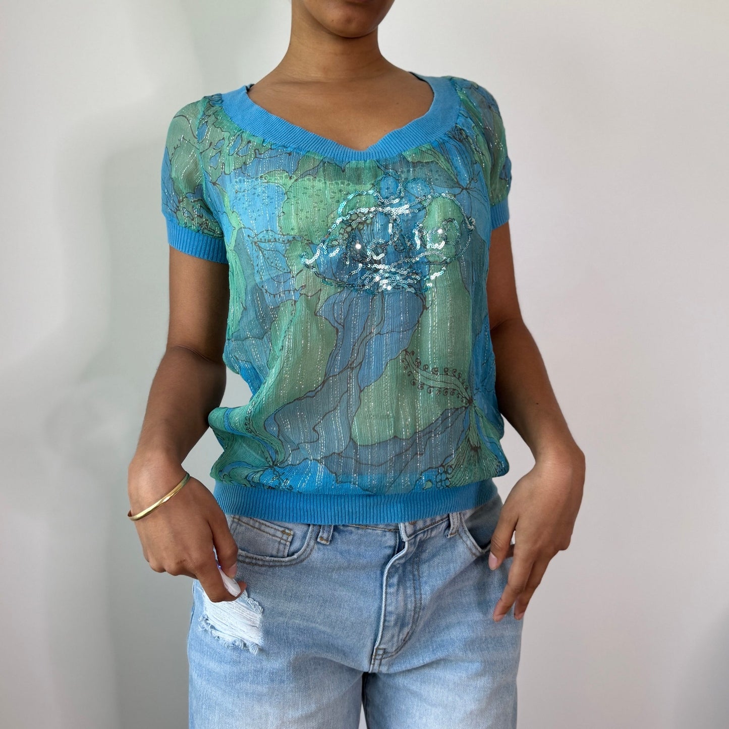 Vintage Nolita NYC Silk Sequin Knit Top Y2K Fairy Grunge Sequined Top (S) ⠀