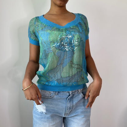 Vintage Nolita NYC Silk Sequin Knit Top Y2K Fairy Grunge Sequined Top (S) ⠀