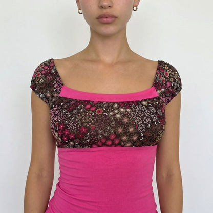 Vintage Pink Floral Mesh Tie Back Top Slinky Y2K Euro Cami (XS/S)