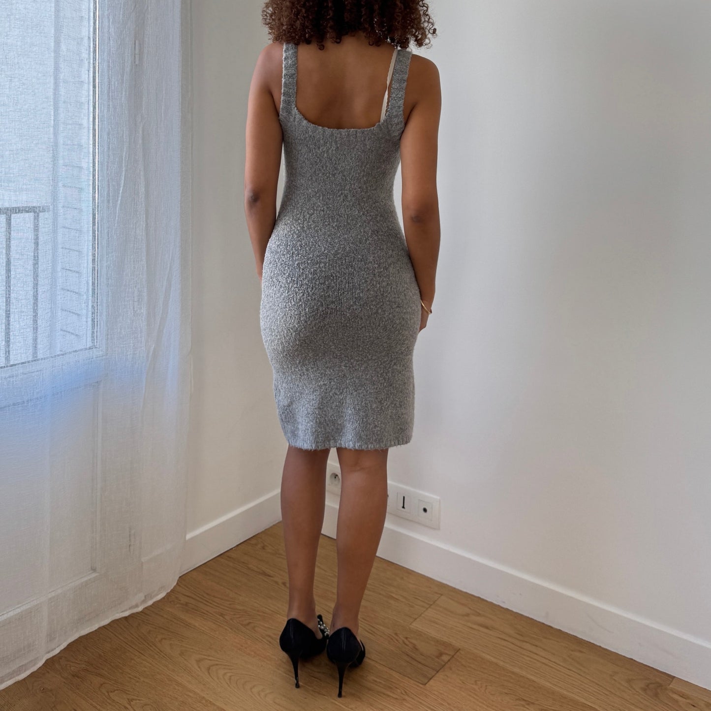 Italian vintage grey rhinestone embellished knit dress with matching bolero set (S)