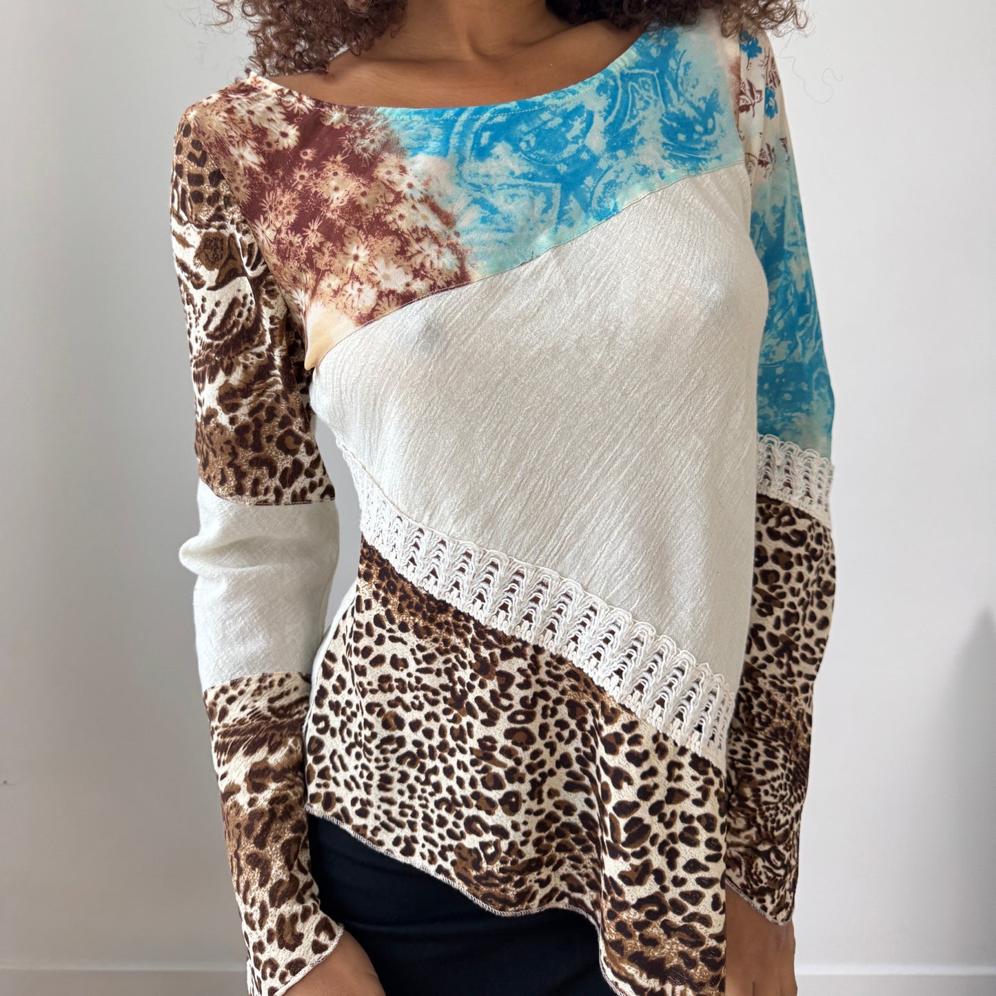 Vintage Patchwork Mixed-Print Asymmetric Long Sleeve Top with Lace Trim (M)