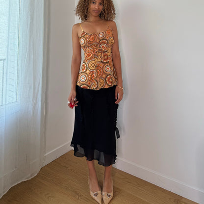Vintage Orange Brown Paisley Mesh Cami Top Tie Front Italian Y2K (S)