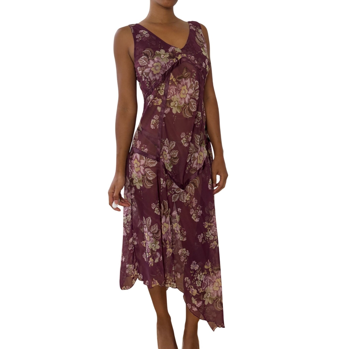Italian Vintage Semi-Sheer Chiffon Bias-Cut Floral Midi Dress (M/L)