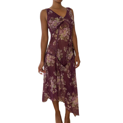 Italian Vintage Semi-Sheer Chiffon Bias-Cut Floral Midi Dress (M/L)