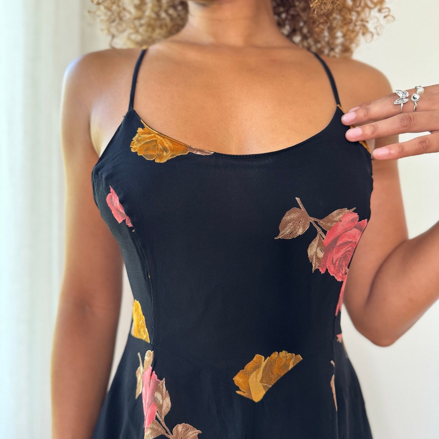 Vintage Black Pink Mustard Floral Mesh Mini Dress Italian Y2K (S/M)