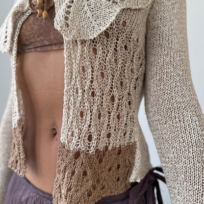 Vintage French knit cropped cardigan with sculpted waist & beaded applique Small