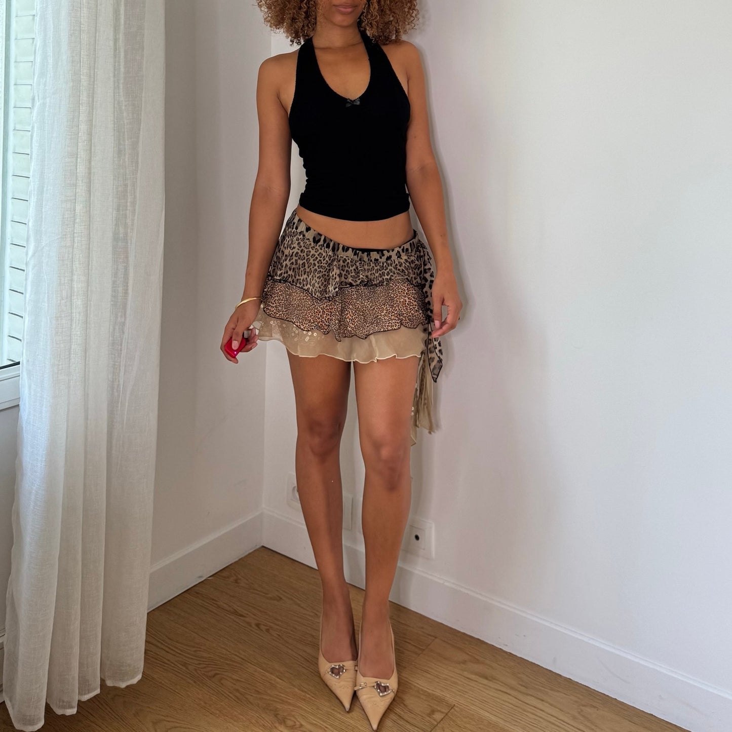 Vintage Silk Leopard Mesh Mini Skirt Ruffle Layer Asymmetrical Italian Y2K (S/M)