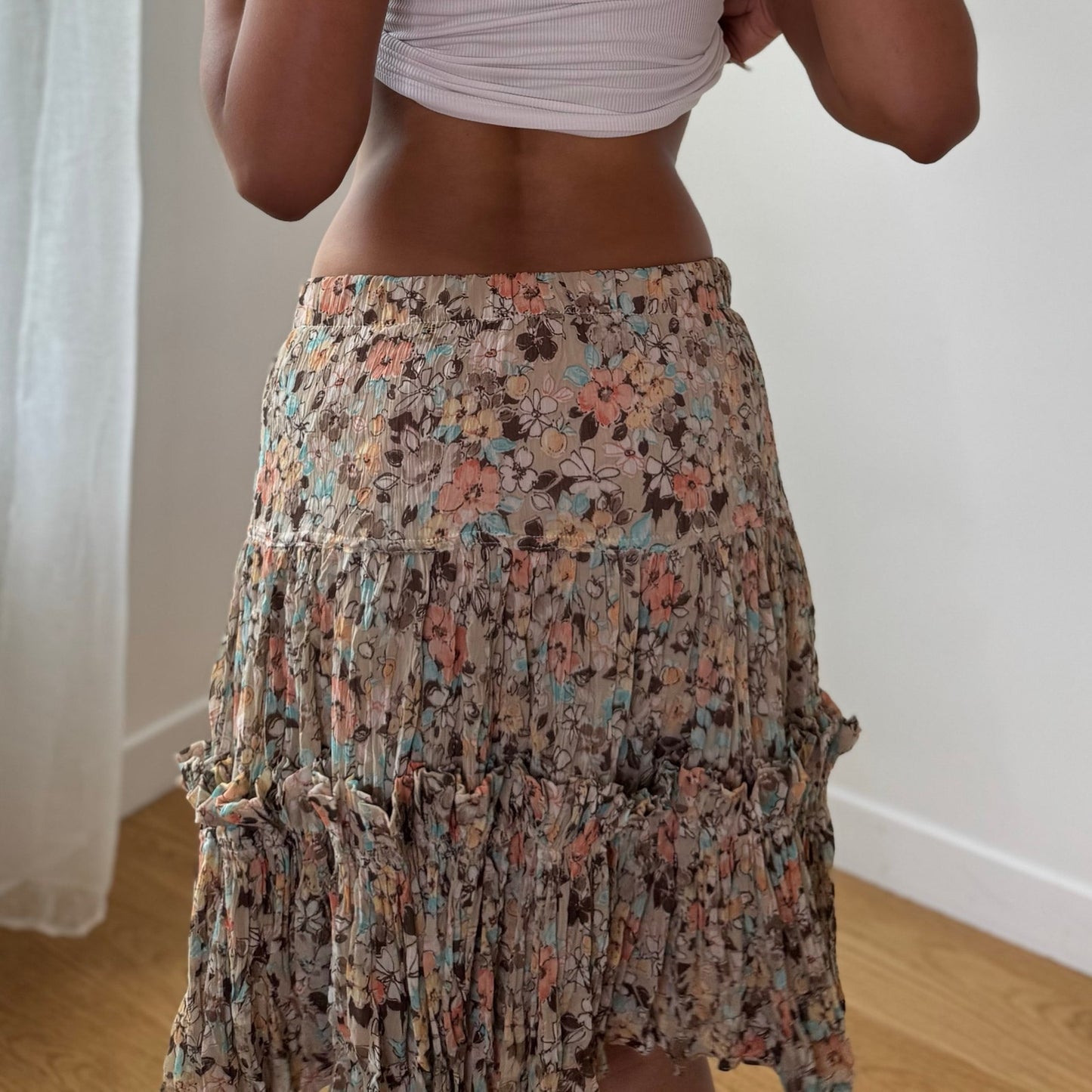 Vintage Beige Peach Floral Silk Mesh Tiered Midi Skirt Italian Y2K (S)