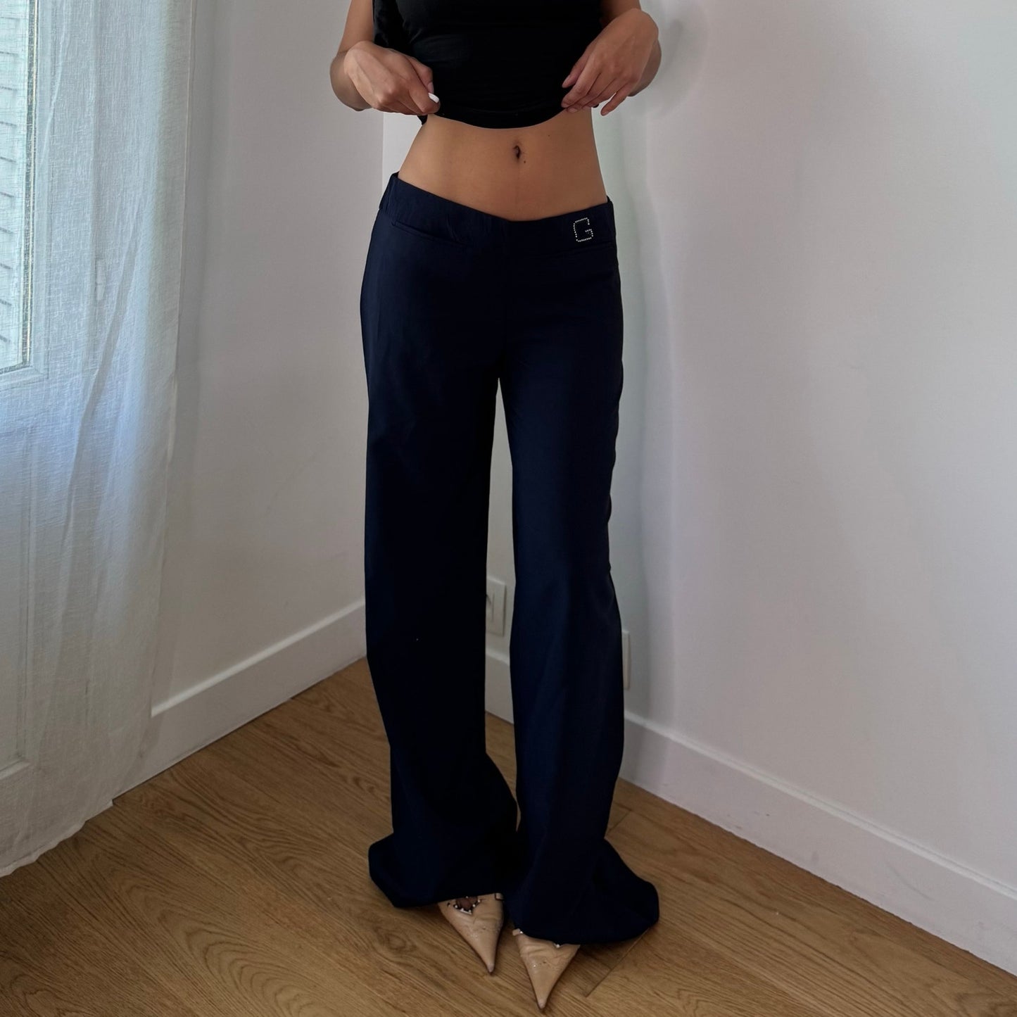 Vintage French Navy Rhinestone Wide Leg Trousers Y2K (S)