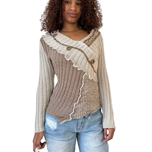 Vintage French asymmetric rib-knit sweater with mixed textures (Small)