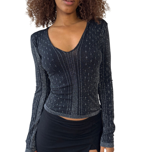 Euro Vintage Sisley Shimmer Stretch V-Neck Top (Small)