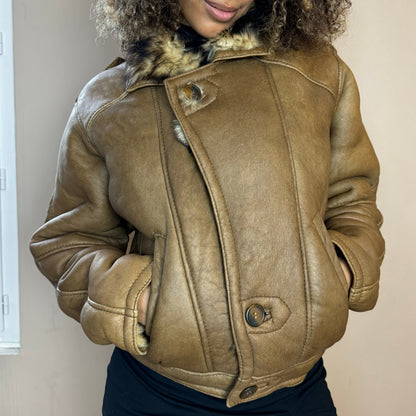 Vintage 90s Shearling leather fur collar jacket (S/M)