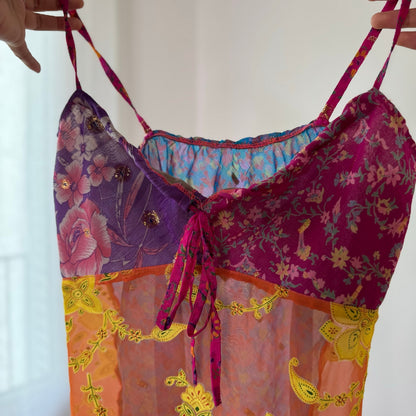 Vintage Orange Purple Pink Blue Floral Embroidered Mesh Cami Top Y2K (S/M)