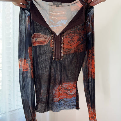Italian Vintage Graphic Mesh Top