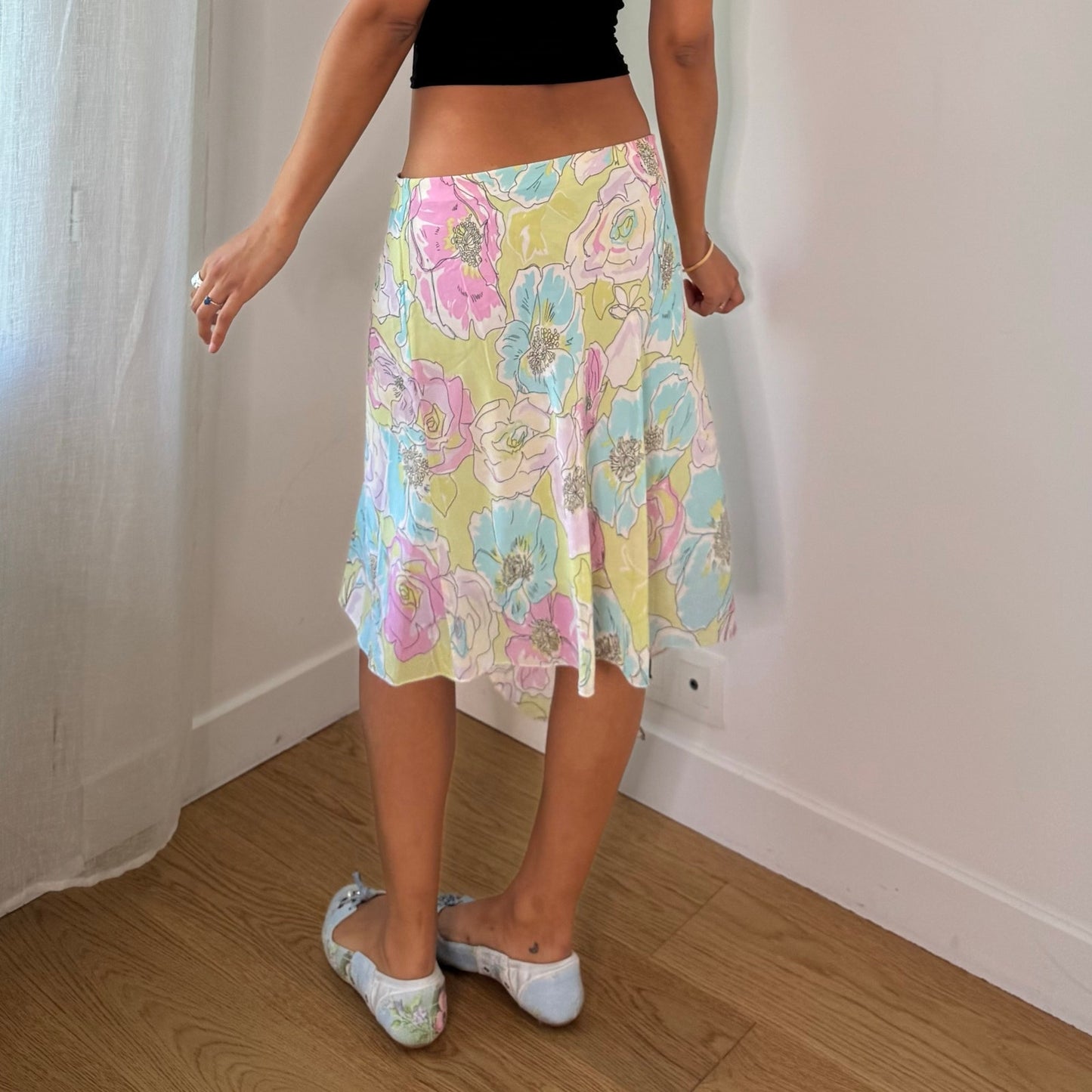 Vintage Pastel Floral Mesh Midi Skirt Italian Y2K (S/M)