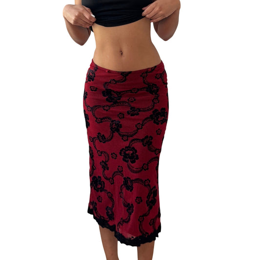 Vintage red black mesh floral midi skirt double lined sheer overlay Y2K France (S)