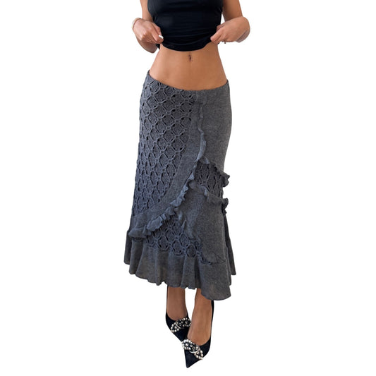 Vintage Euro grey open-knit wool ruffle asymmetric midi skirt (S/M)