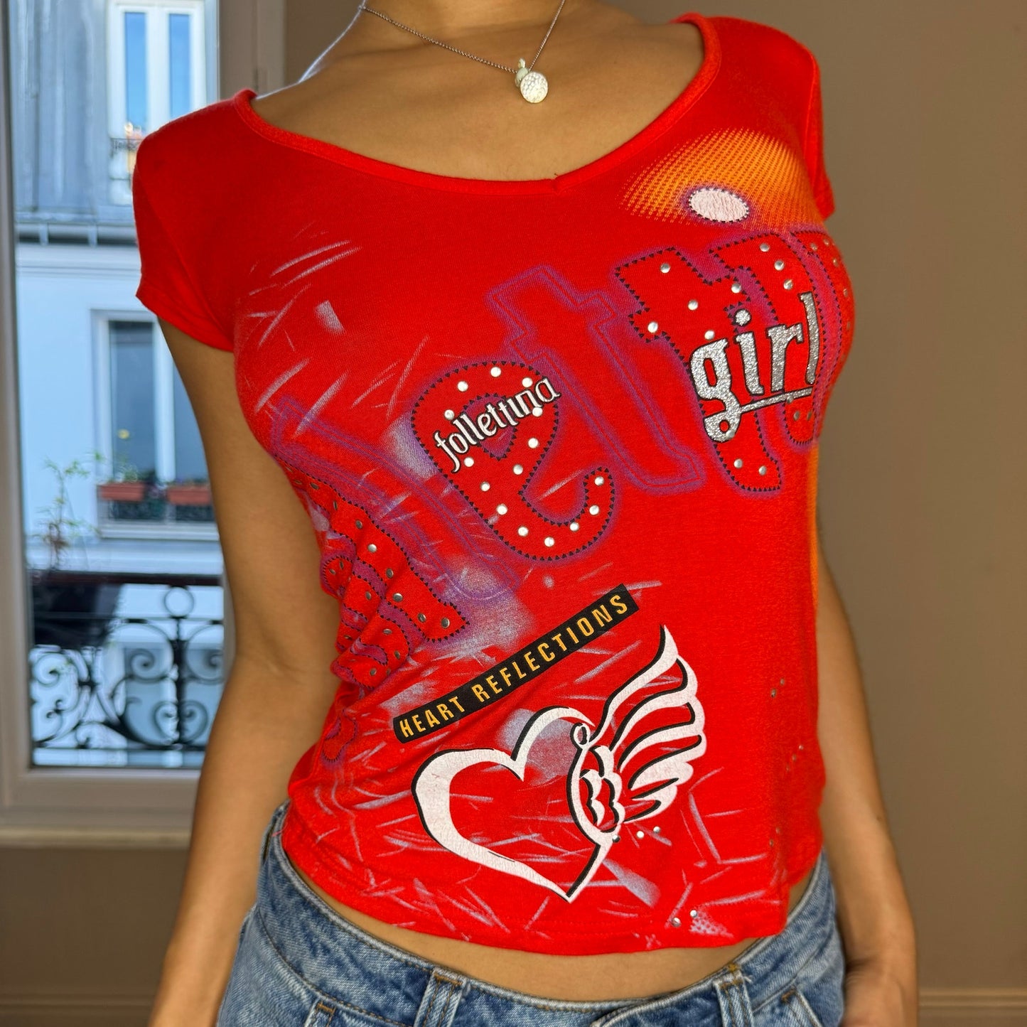 Italian Vintage 00s red graphic baby tee with lace up back (S) euro fitted