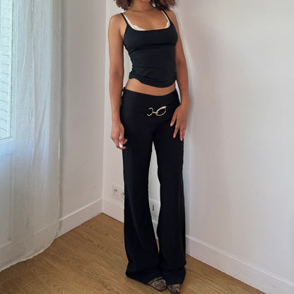 Vintage Black Buckle Waist Flare Pants Euro Y2K (S)