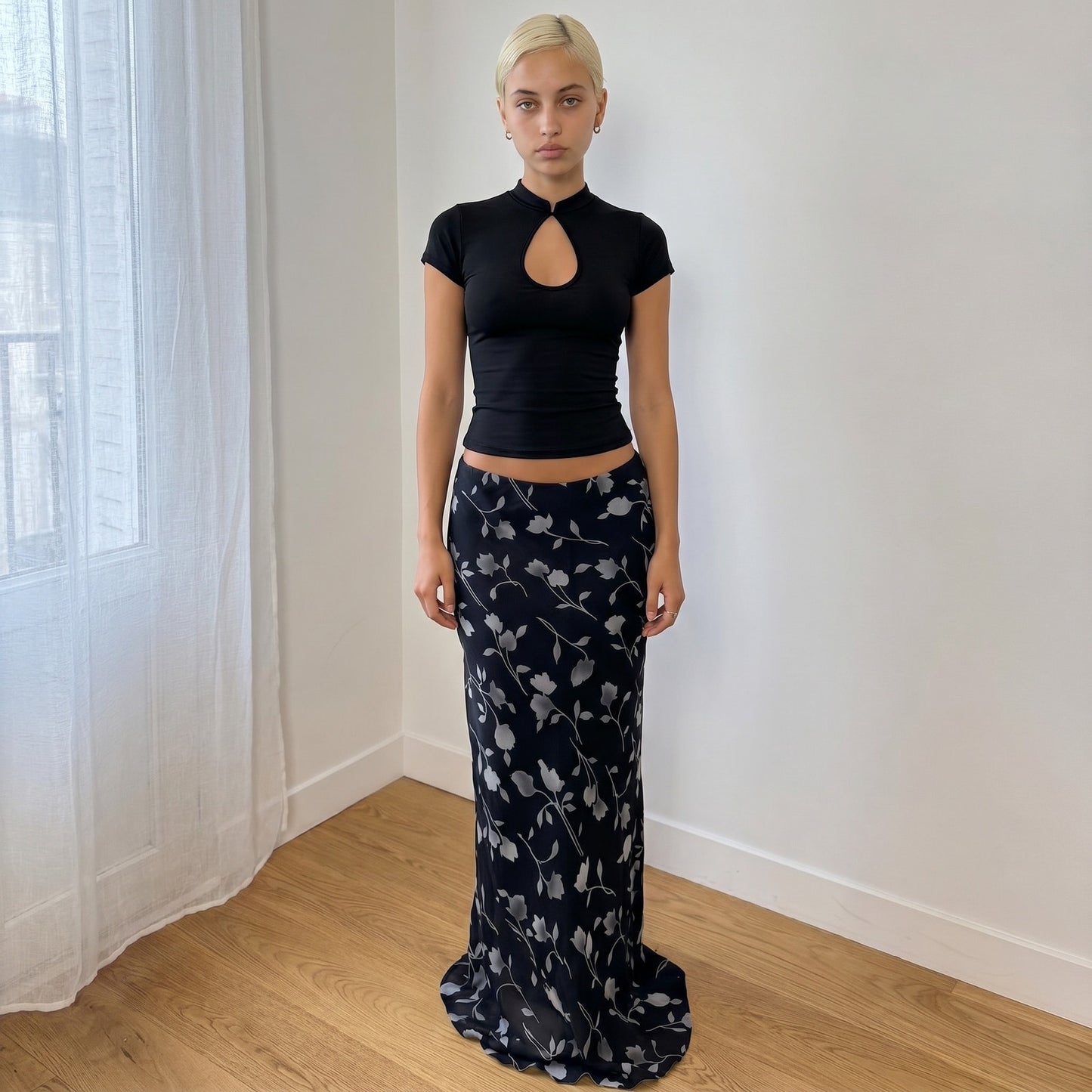Vintage Black Floral Mesh Maxi Skirt Sheer Layered Hem Euro Sourced (S)
