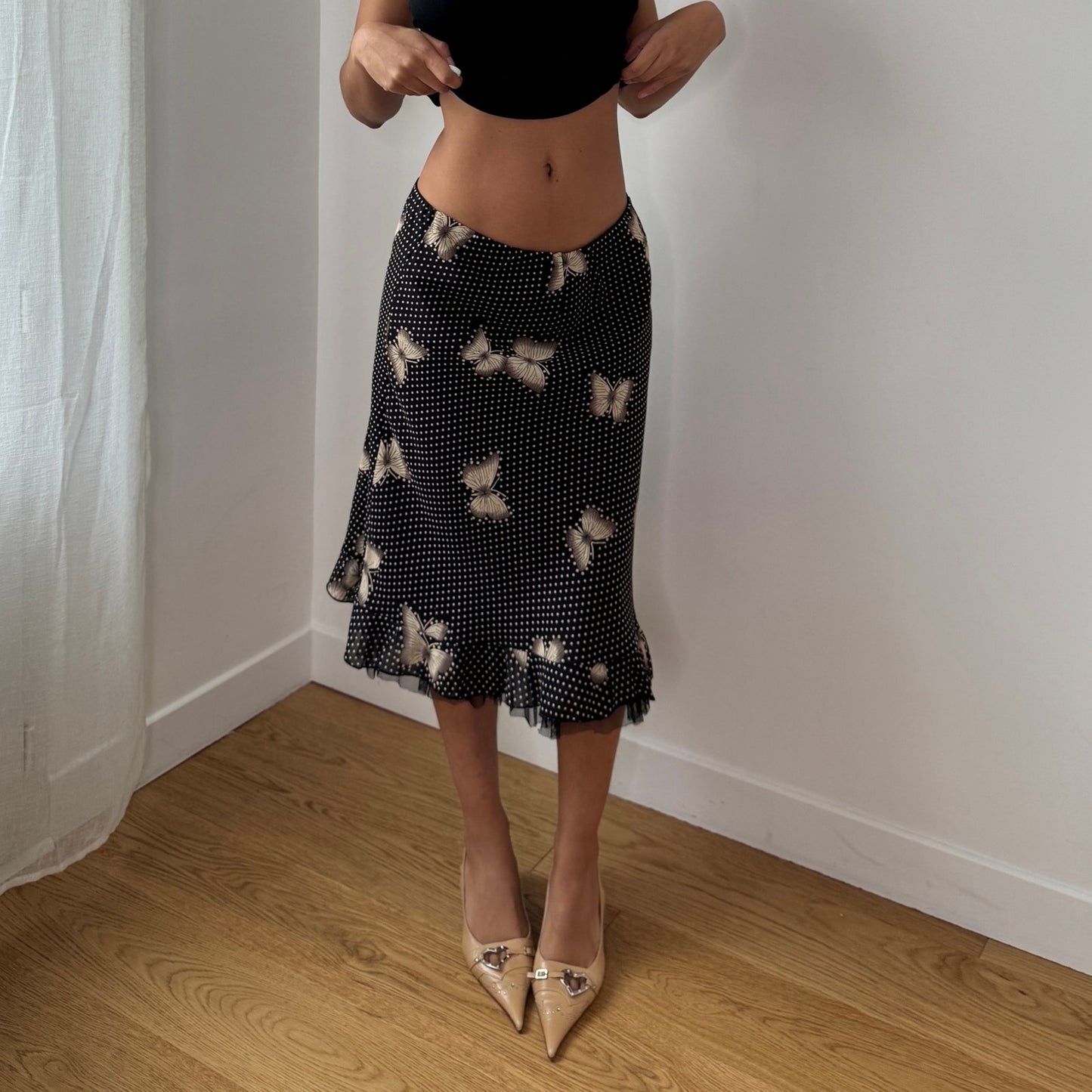 Vintage Brown Polka Dot Butterfly Mesh Midi Skirt Sheer Ruffle Hem Italy Y2K (S)