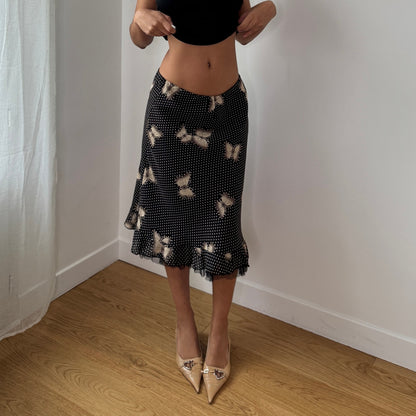 Vintage Brown Polka Dot Butterfly Mesh Midi Skirt Sheer Ruffle Hem Italy Y2K (S)