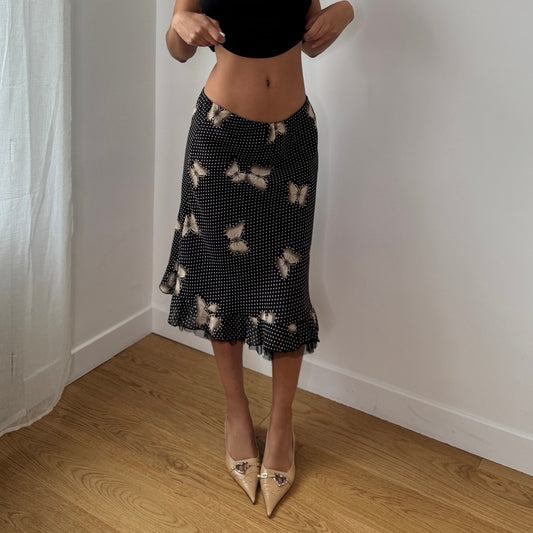 Vintage Brown Polka Dot Butterfly Mesh Midi Skirt Sheer Ruffle Hem Italy Y2K (S)