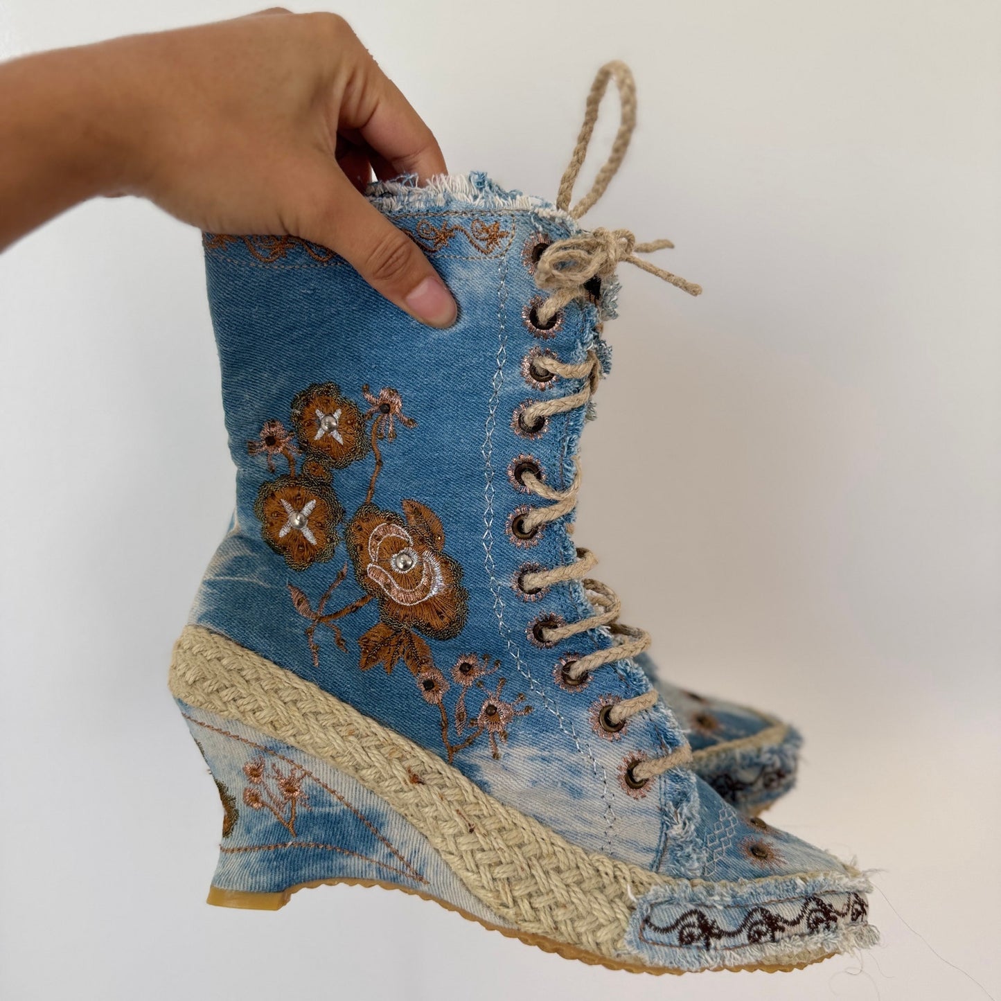 Vintage Denim Embroidered Lace-Up Wedge Boots Frayed Detail (EU 39 / US 8.5)