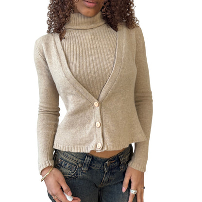Italian vintage 100% wool beige knit twin set – cardigan and halter turtleneck (S/M)