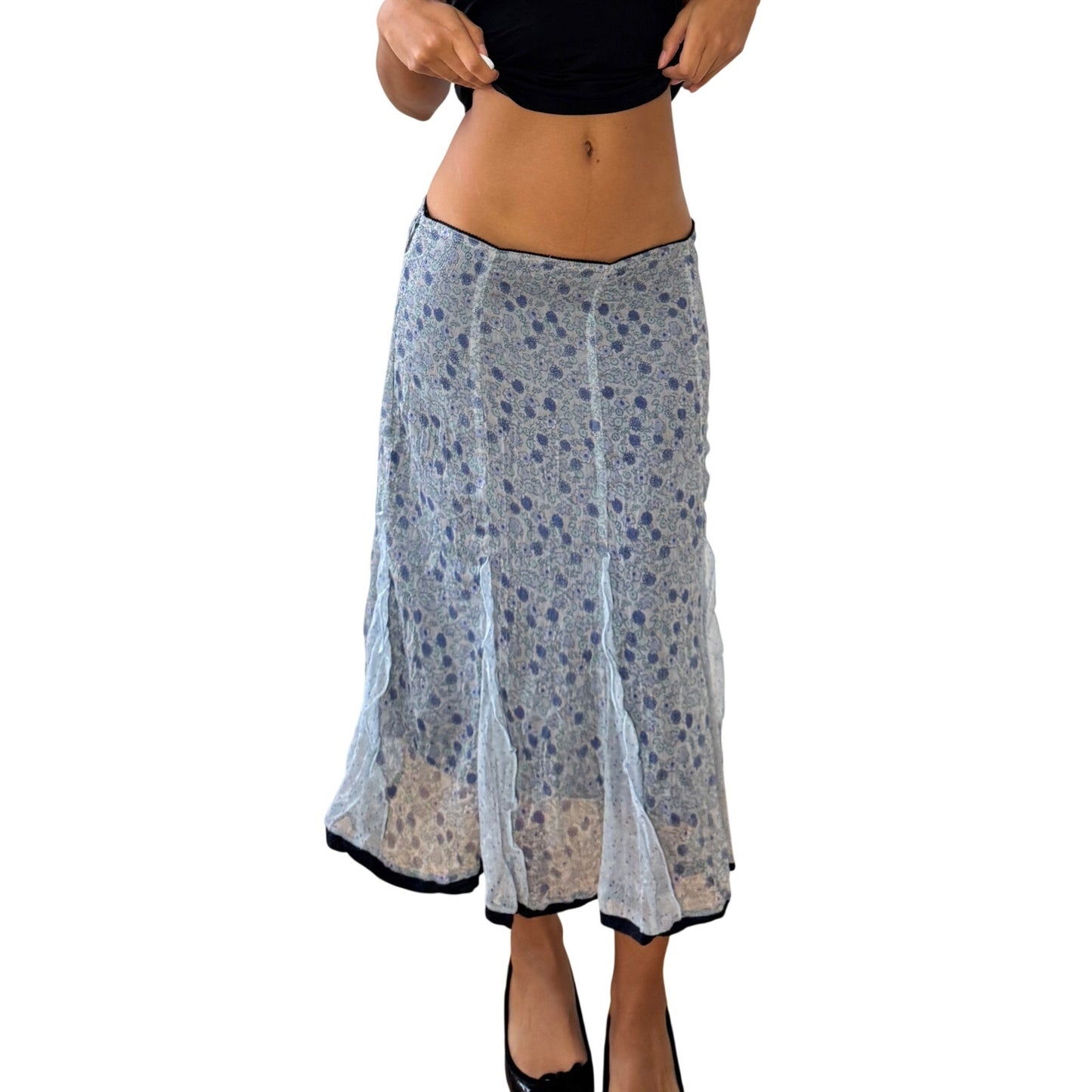 Vintage Italian blue floral chiffon midi skirt with silk ruffle inserts (S/M)