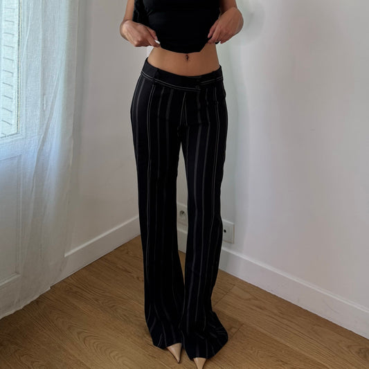 Vintage Black White Pinstripe Low Rise Flare Trousers Y2K (S)