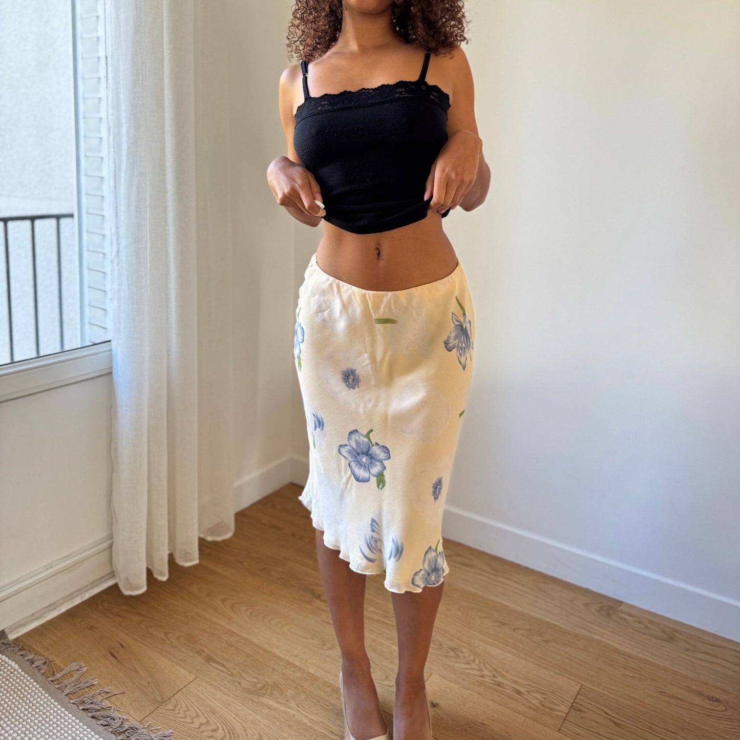 Vintage Italian cream silk floral midi skirt (Small)