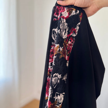 Vintage Italian Black Slinky Midi Skirt Floral Lace Side Panels Fitted (S)