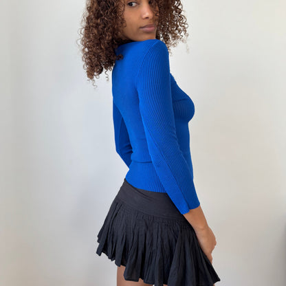 Vintage Italian Y2K Cobalt Blue Ribbed Knit Feather Trim Long Sleeve Top (Small)