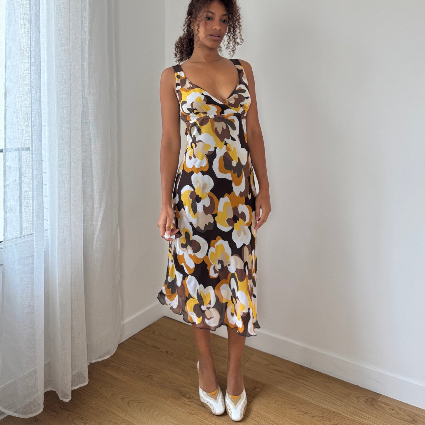 Vintage Italian brown & yellow floral mesh midi dress (S/M)