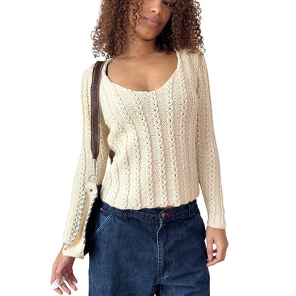 Vintage Italian Cream Cable Knit Sweater Fitted Stretch Knit (S)