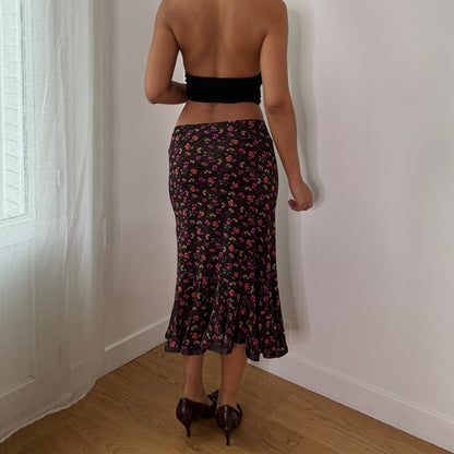 Vintage Brown Ditsy Floral Mesh Midi Skirt Italian Y2K Ruffle Hem Skirt (S) ⠀