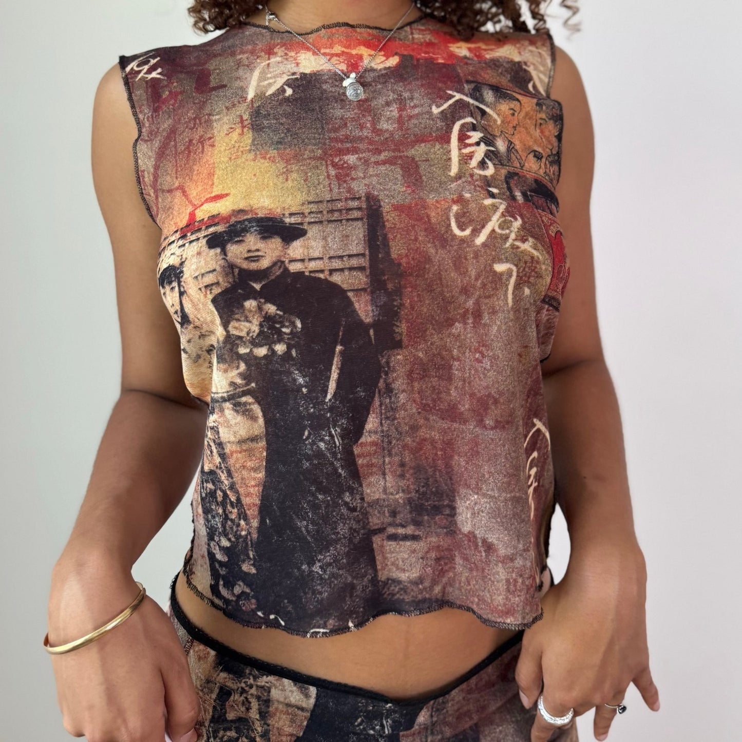 Vintage Euro Mesh Graphic Skirt Set Y2K Sheer Editorial Two Piece (S/M)