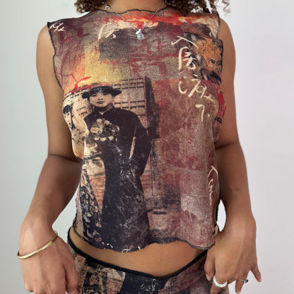 Vintage Euro Mesh Graphic Skirt Set Y2K Sheer Editorial Two Piece (S/M)