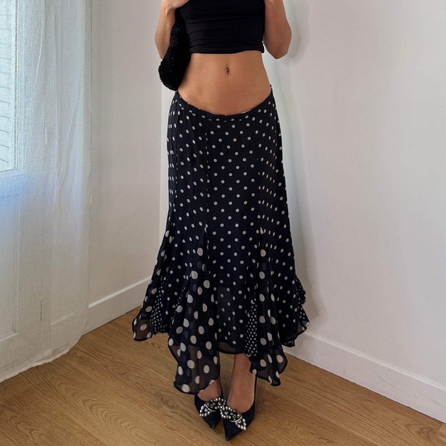 Vintage Y2K Black Polka Dot Silk Maxi Skirt with Ruffle Hem (S/M)