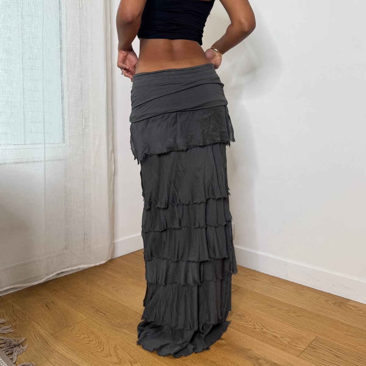 Italian vintage Y2K charcoal grey tiered maxi skirt with silk mesh ruffles and ruched waist